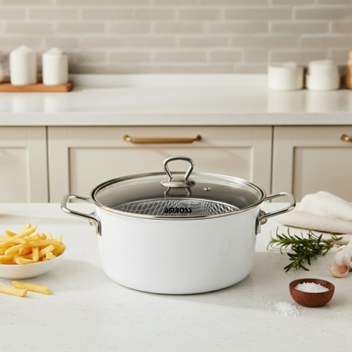 Amboss Crispella 22 Cm Cam Kapaklı Emaye Kızartma Tenceresi- Beyaz